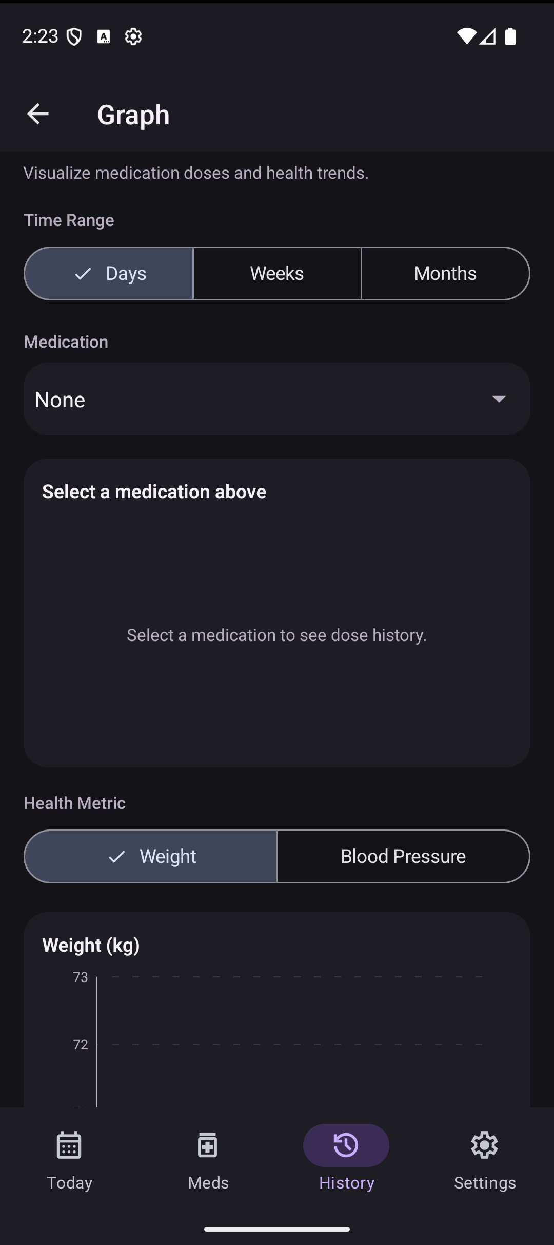 Graph screen in dark mode
