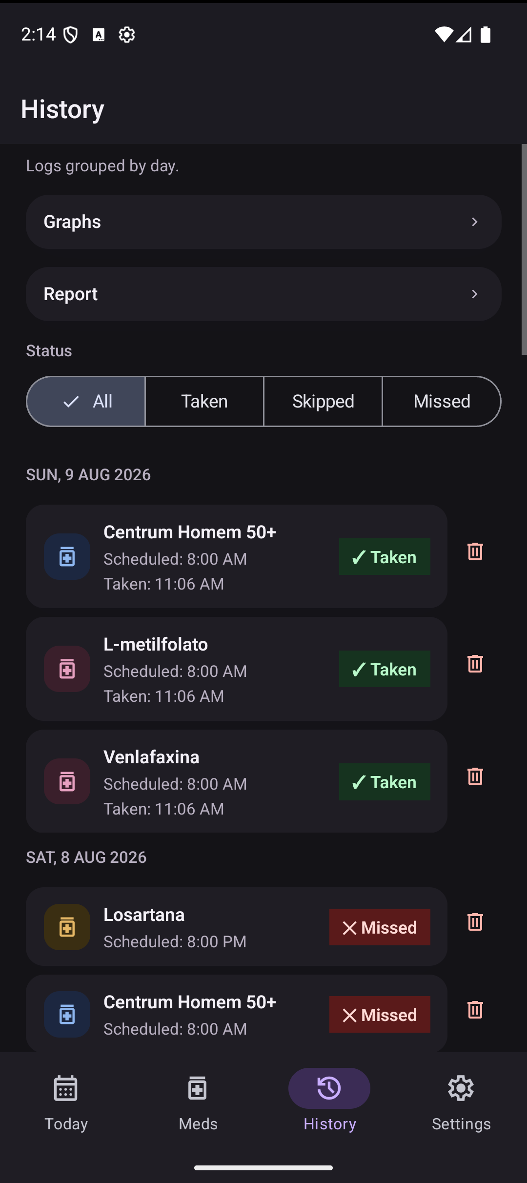 History screen in dark mode