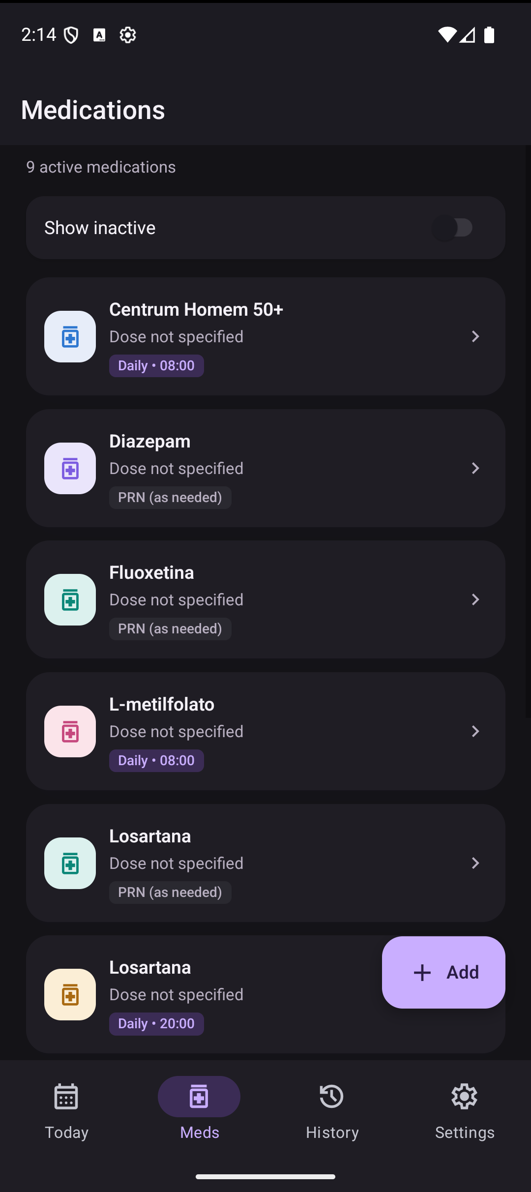 Medications screen in dark mode