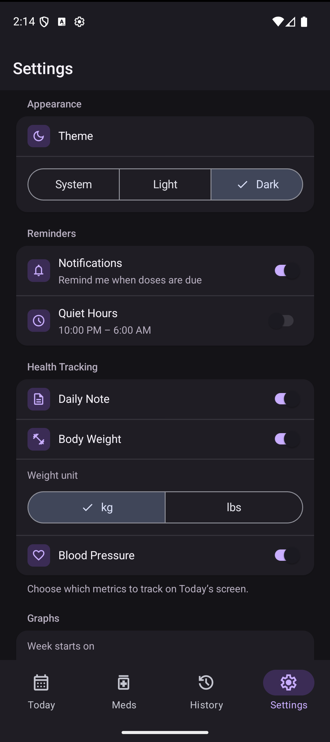 Settings screen in dark mode