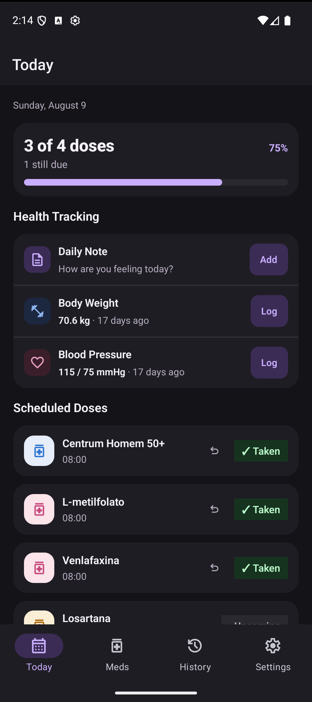 Today screen in dark mode