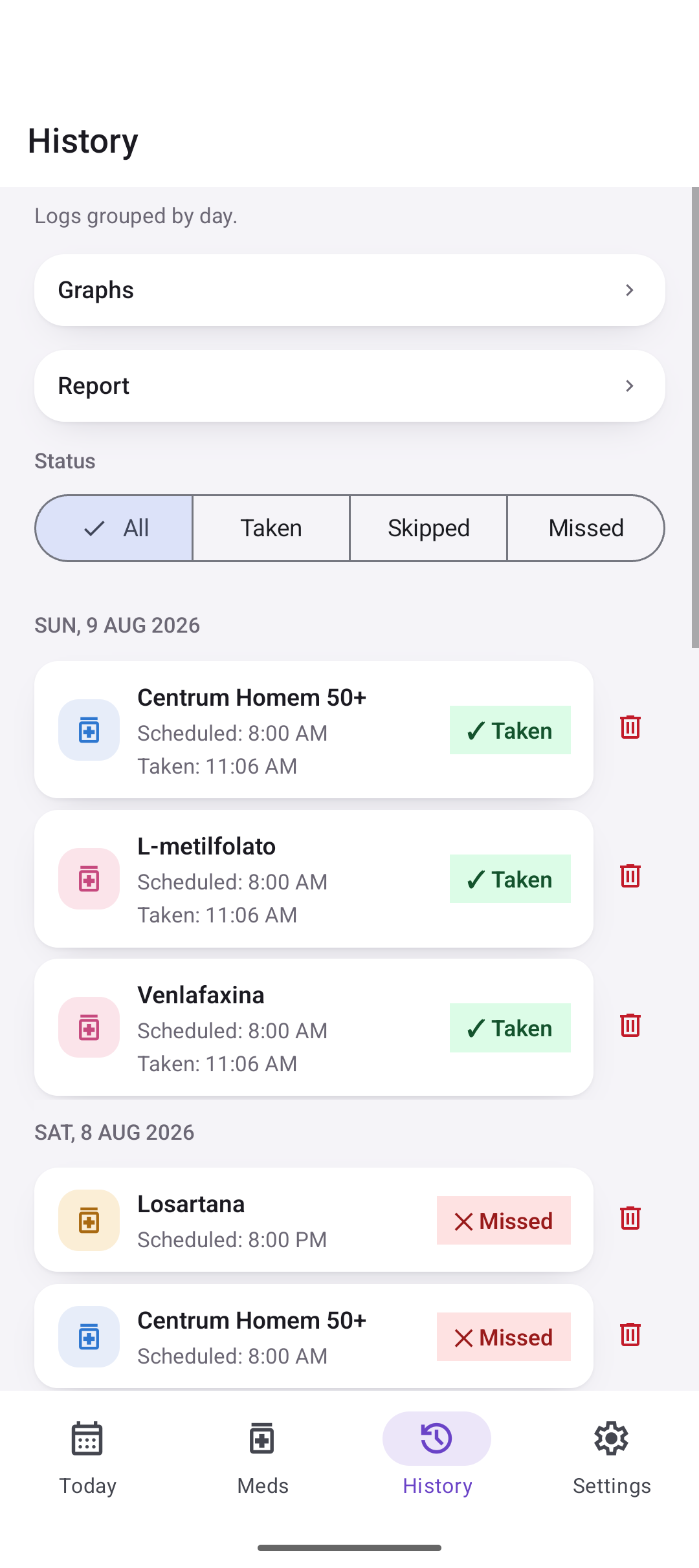 History screen showing dose logs with filters