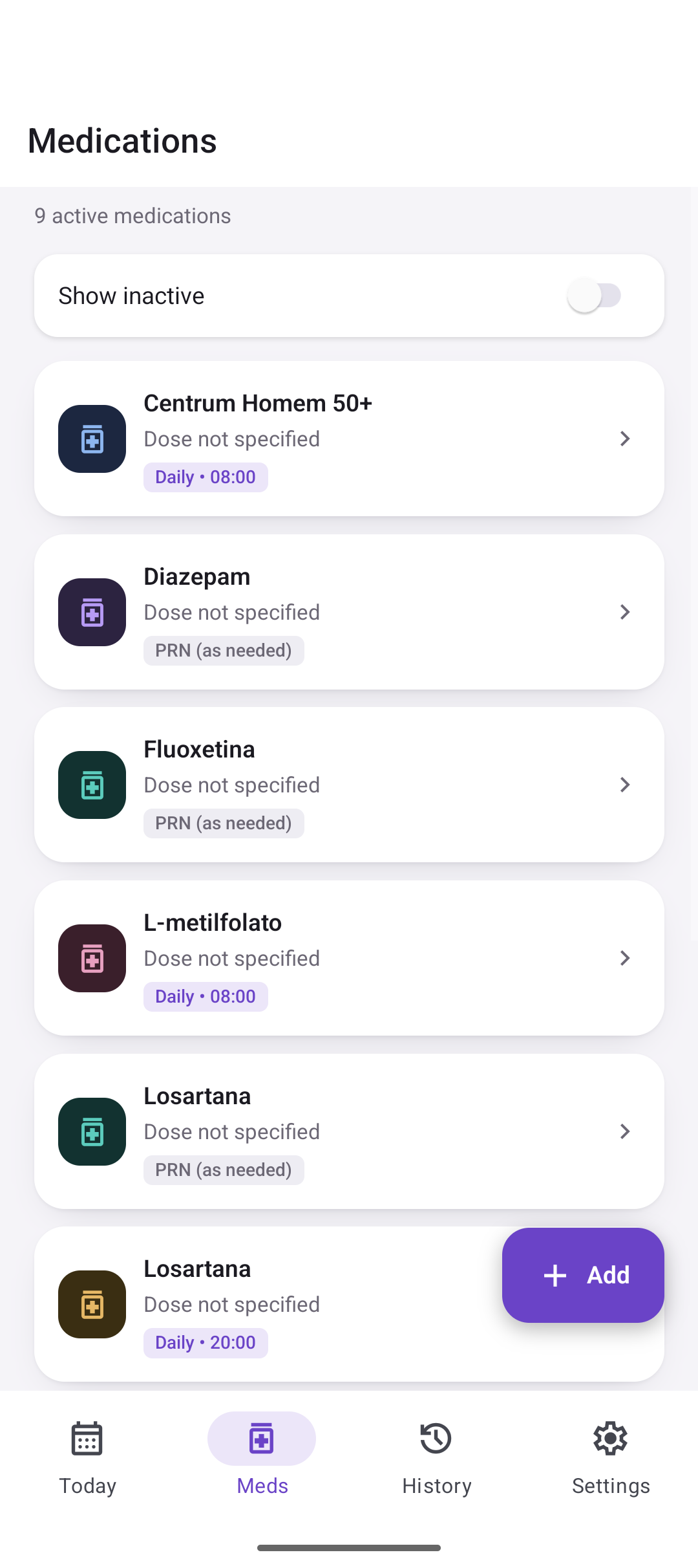 Medications screen listing all scheduled medications