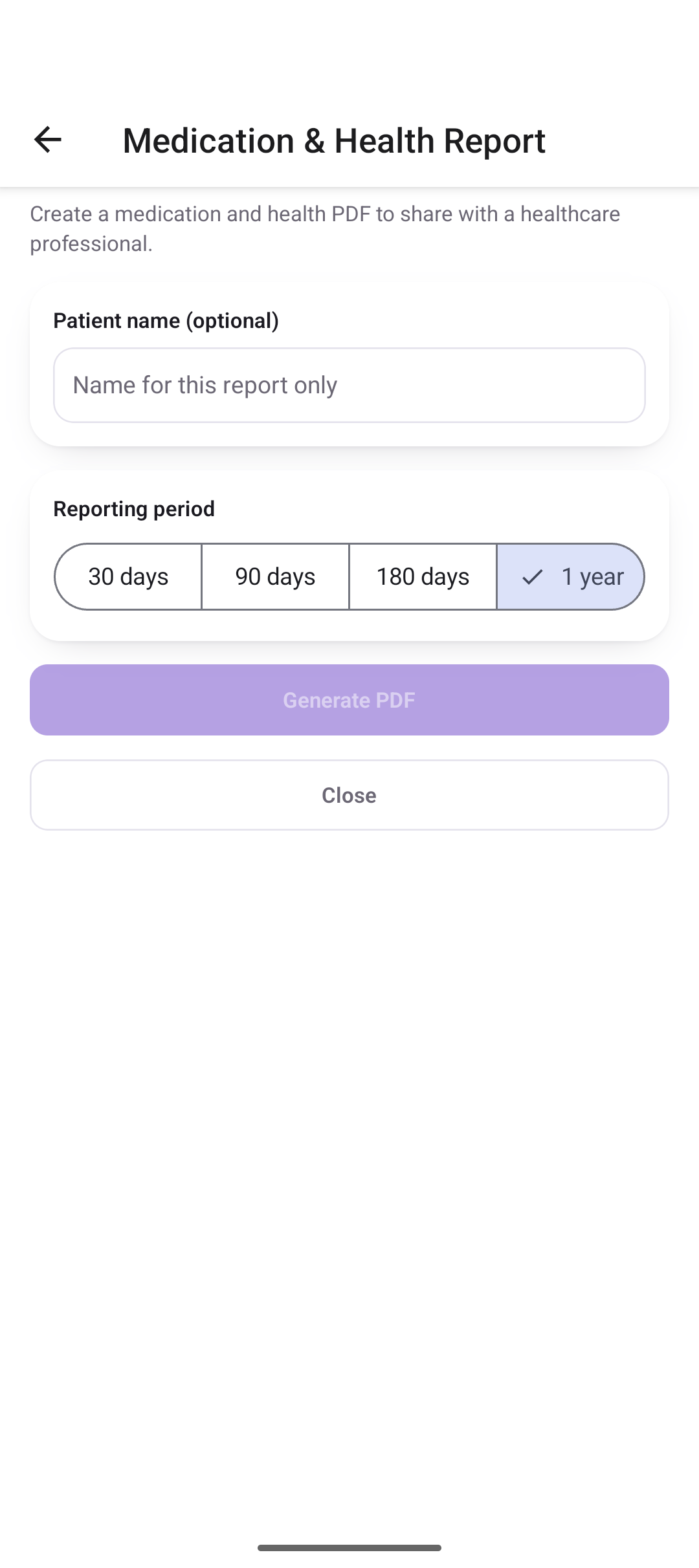 Report screen to generate medication and health PDF reports
