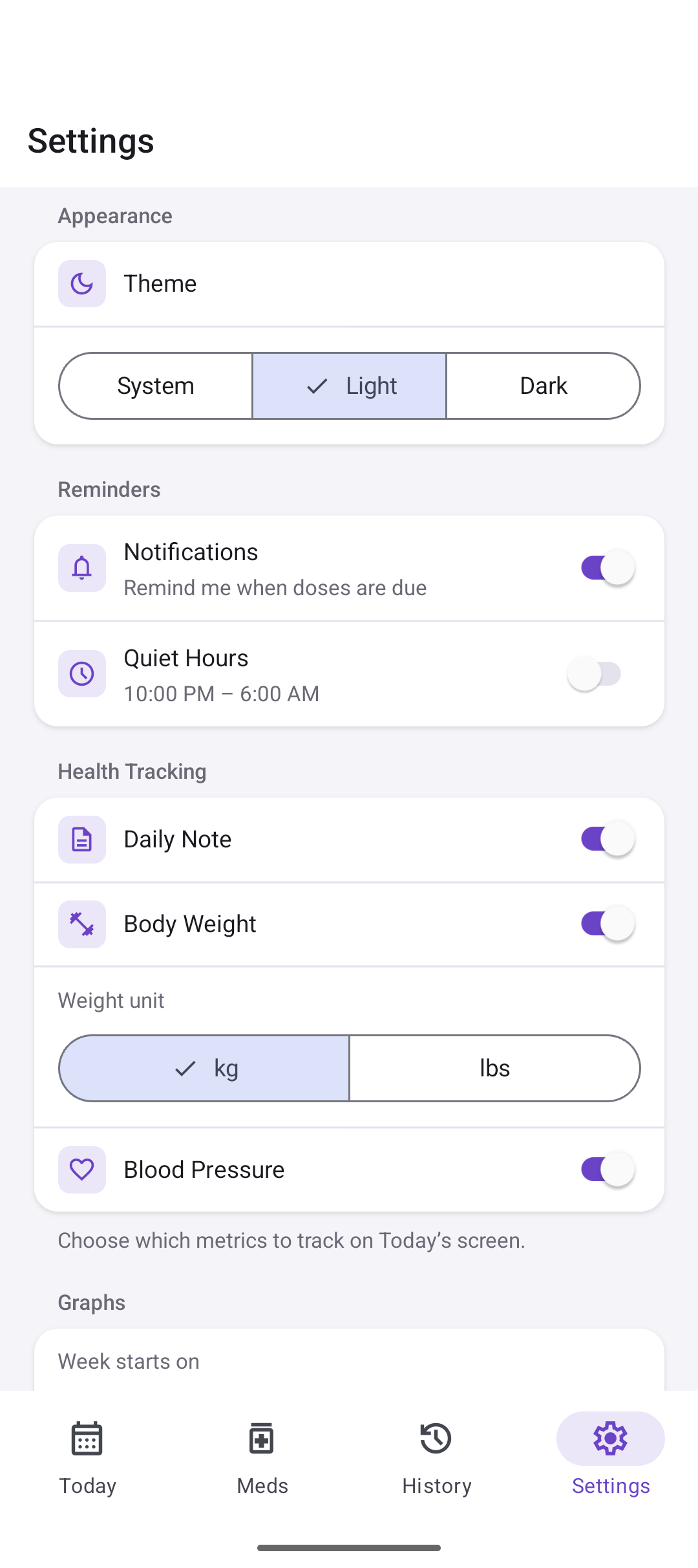 Settings screen with theme, notifications, and data options
