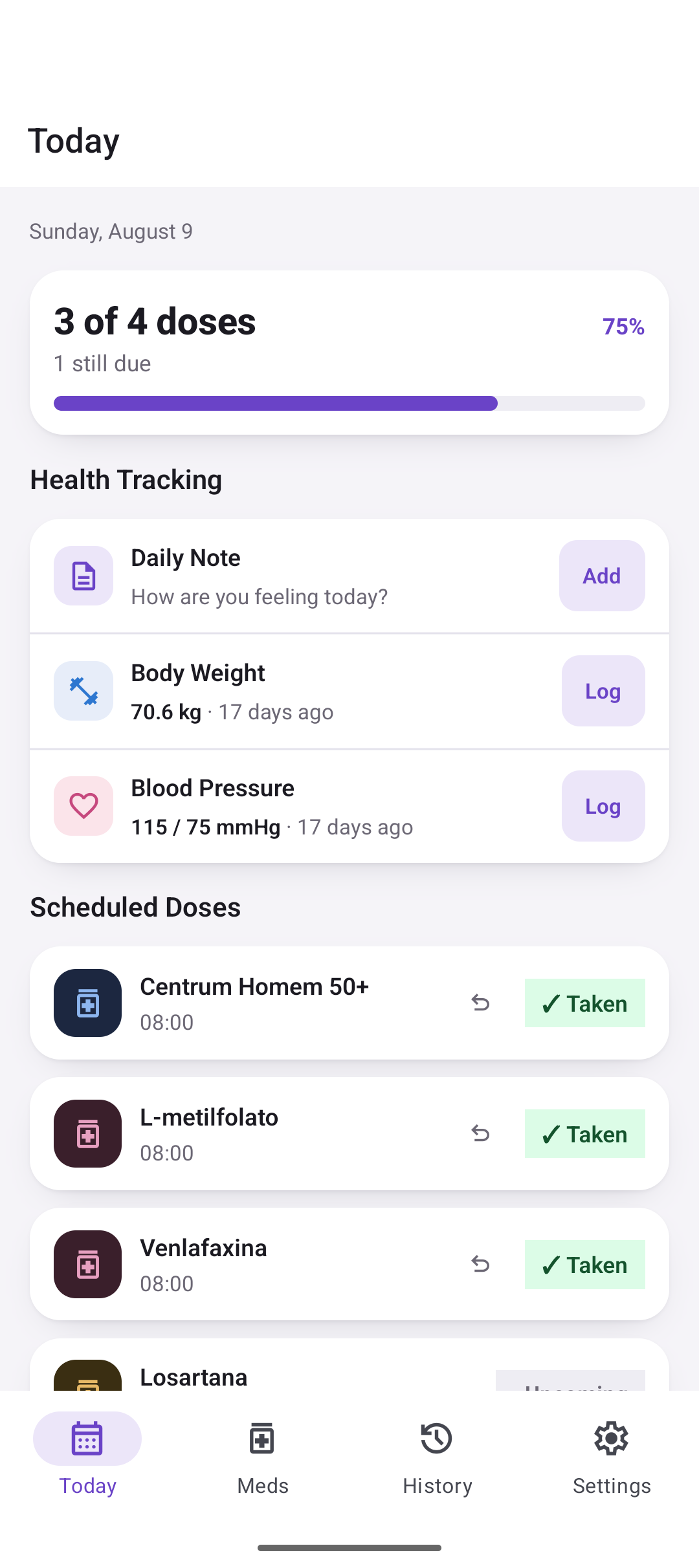 EasyMedLogger Today screen